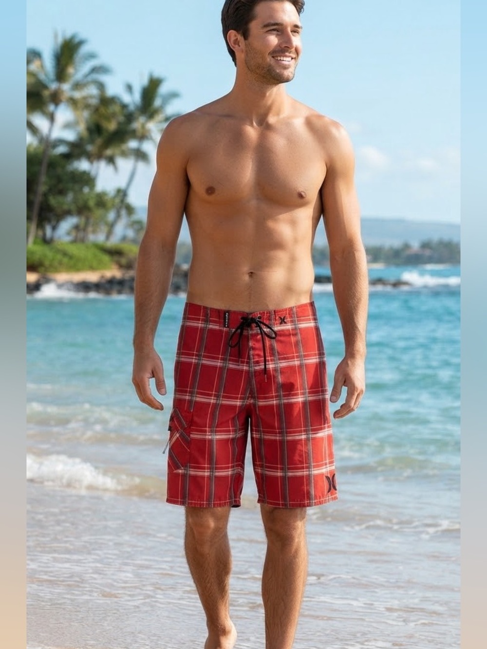 Hurley Puerto Rico Board Shorts Sz 34 Plaid Cargo Pocket Drawstring Red Gray